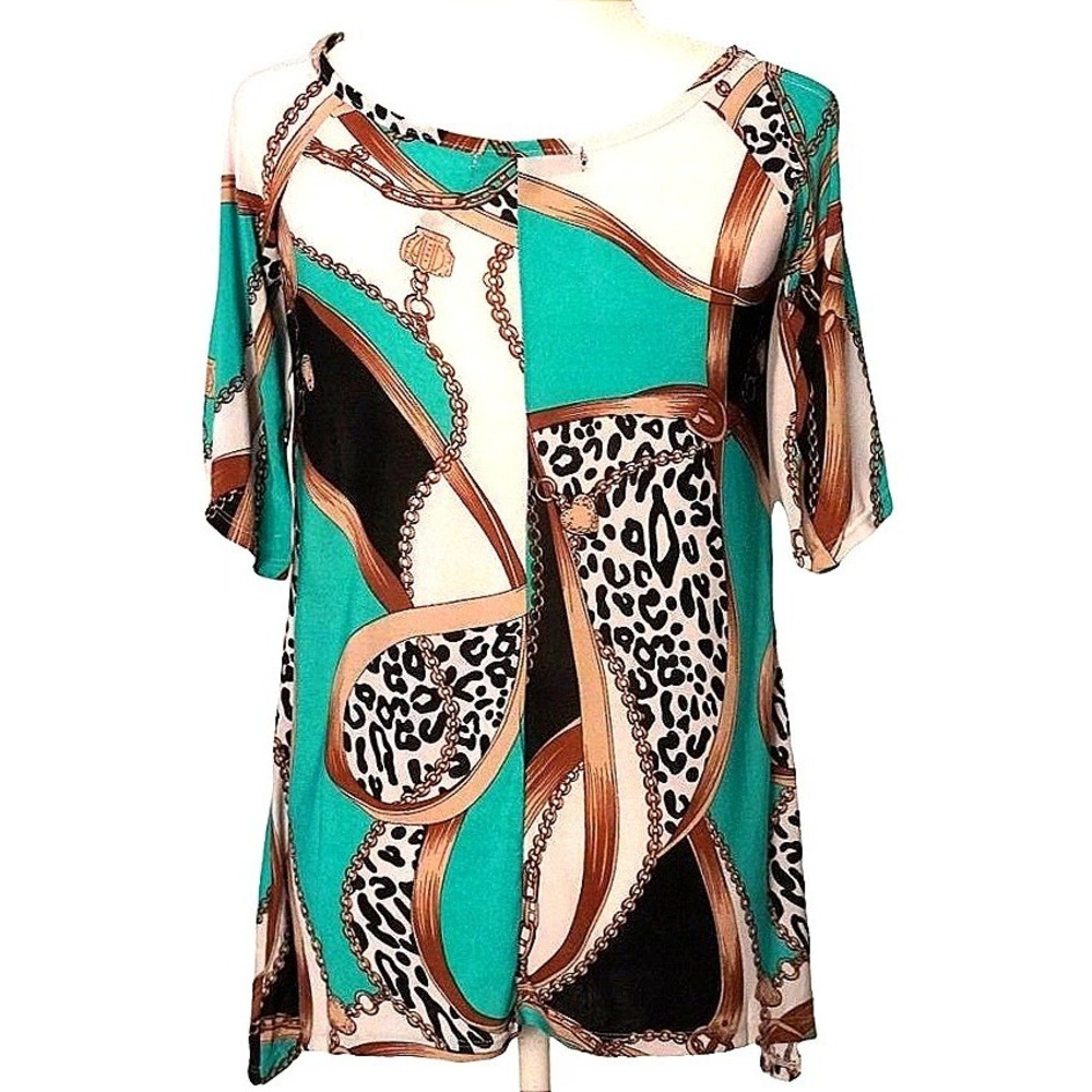 Glam Don't Miss‎ Out Scarf Print Cold Shoulder Top Women M Teal Leopard Chain - Picture 6 of 10